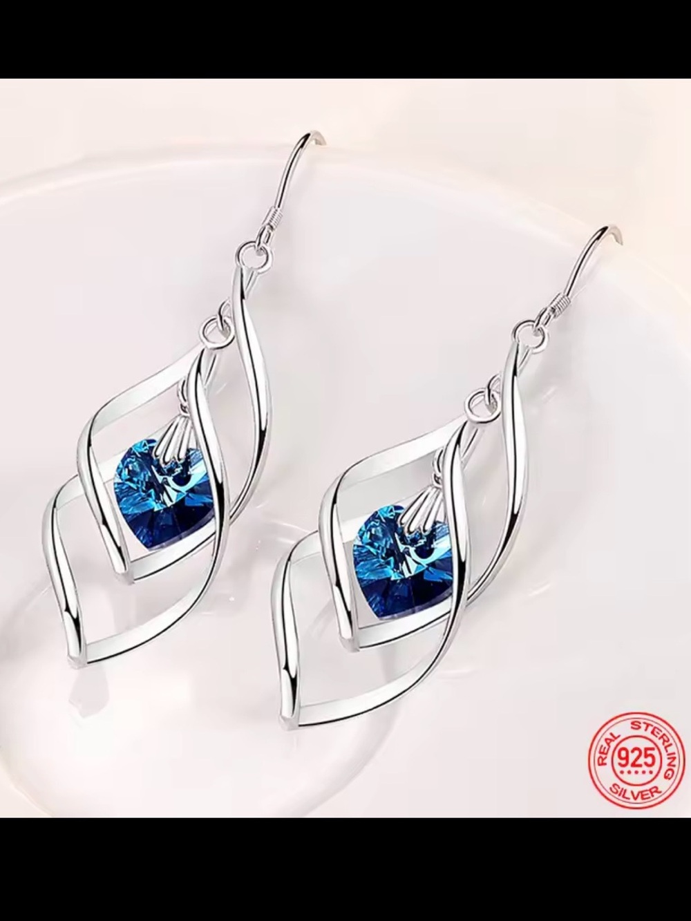 925 Sterling Silver Blue Crystal Drop Earrings 2.25”
